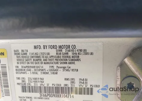 2019 Ford Fusion Titanium из США, поврежденный, VIN 3FA6P0D9XKR104714